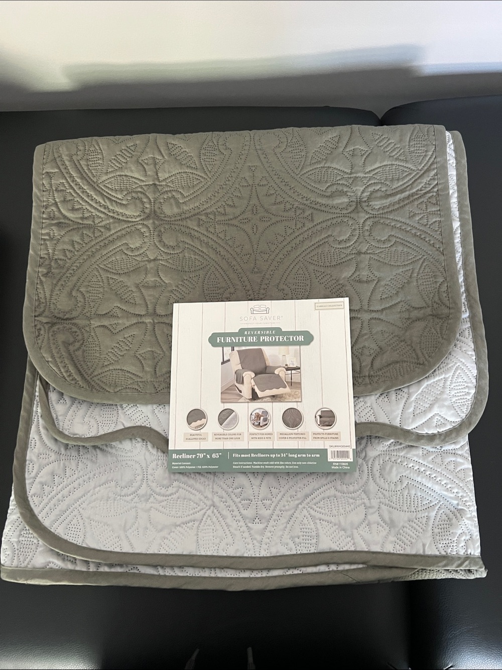 Reversible Furniture Protector for Recliner- Sage/Gray. 79x65in